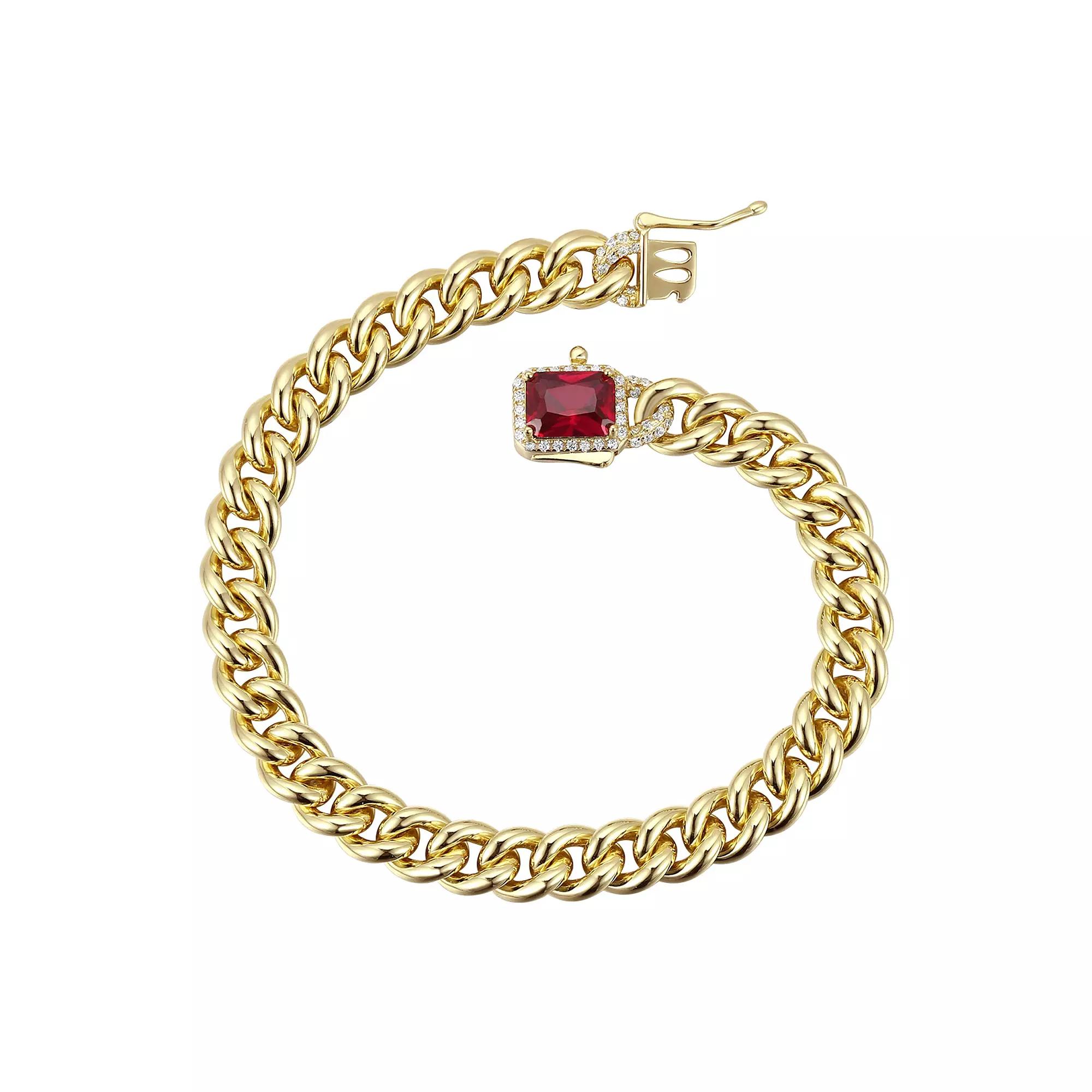 14k Gold Plated Cubic Zirconia Halo Cluster Curb Chain Bracelet, Womens Gold Tone Red Product Image