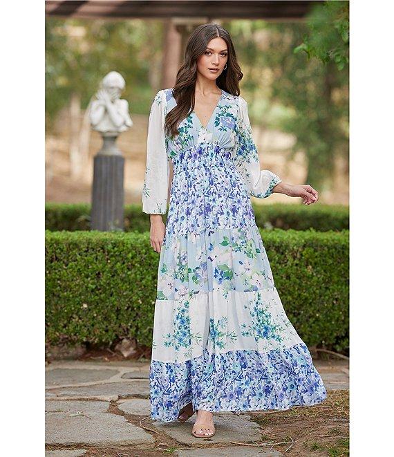 Moda Tara Long Sleeve V-Neck Floral Tiered Crepe Chiffon Maxi Dress Product Image