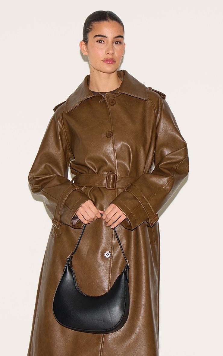 Chocolate Mid Length Faux Leather Trench Coat Product Image