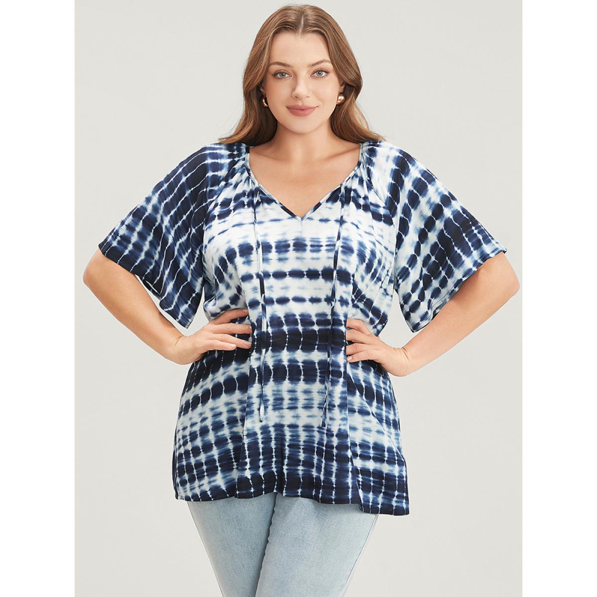Plus Size Stone Tie Dye Raglan Sleeve Tie V Neck Blouse Women Vacation Short sleeve V-neck Dailywear Blouses BloomChic 30/6X Product Image