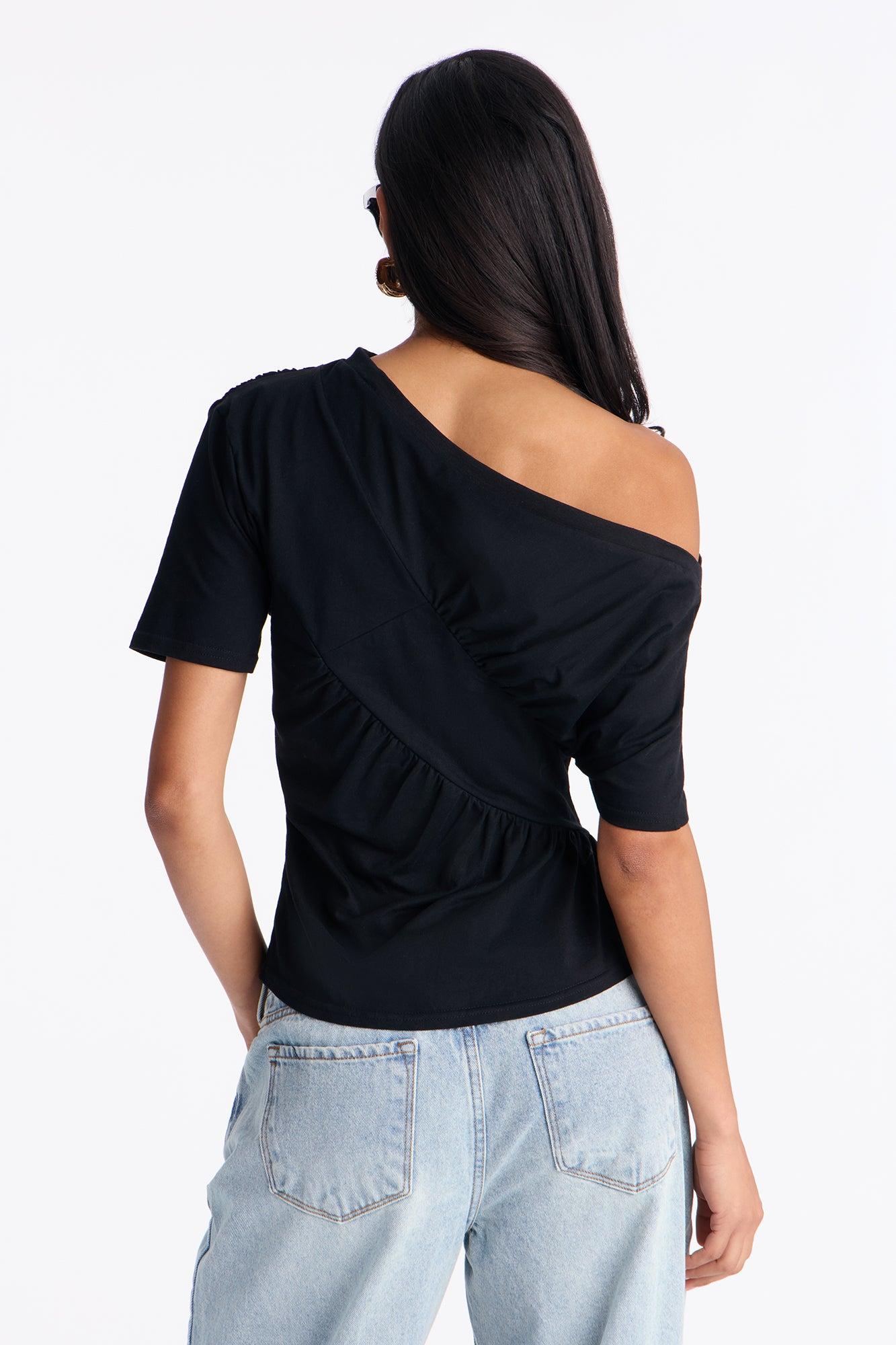 Brooklyn Ruched Off Shoulder Short Sleeve T-Shirt - Black Female Product Image