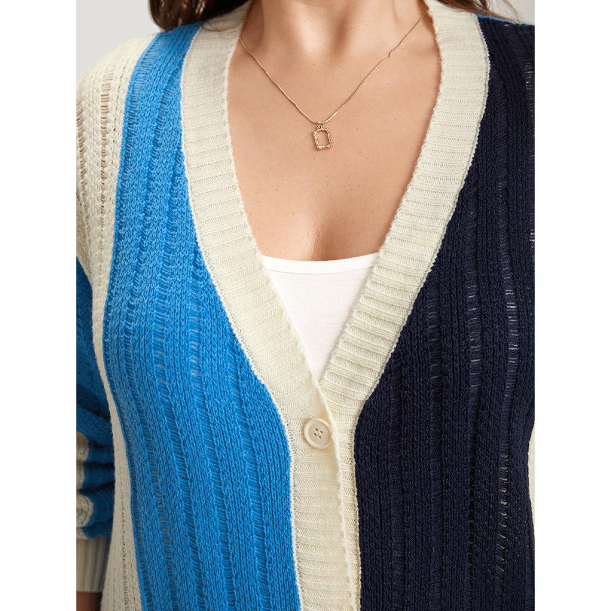 Plus Size Colorblock Contrast Button Down Drop Shoulder Cardigan Blue Women Casual Loose Long Sleeve Everyday Cardigans BloomChic 22-24/3X Product Image