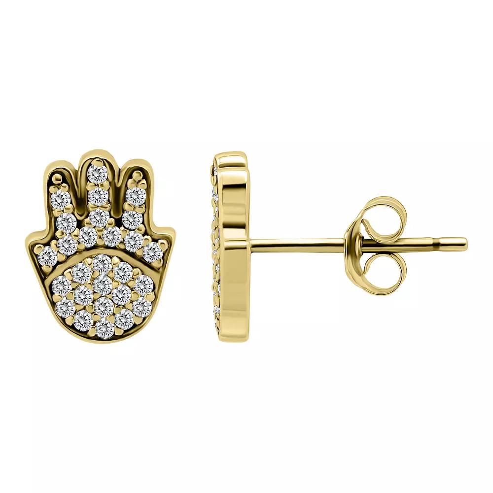 Aleure Precioso Sterling Silver Pave Cubic Zirconia Hamsa Hand Stud Earrings, Women's, Gold Tone Product Image