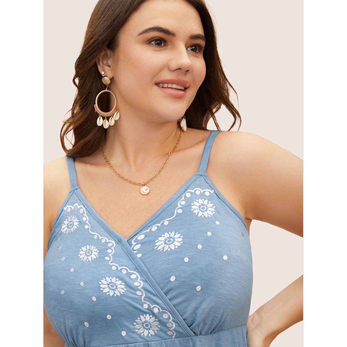 Plus Size Floral Embroidered Overlap Collar Shirred Cami Top Women Stone Resort Overlapping Overlap Collar Vacation Tank Tops Camis BloomChic 10/M Product Image