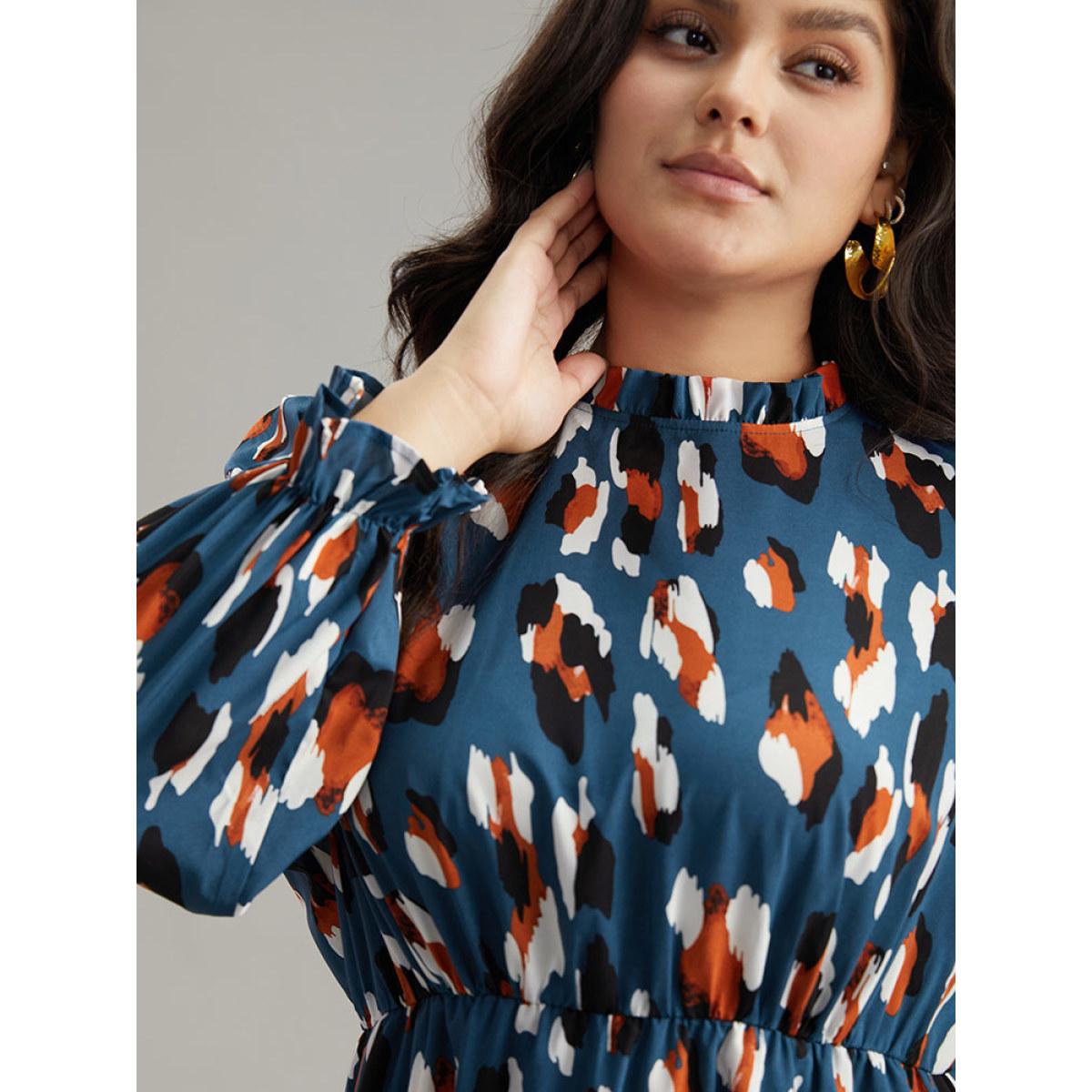 Plus Size Allover Print Stand Collar Pocket Ruffles Dress Aegean Women Office Printed Stand-up collar Long Sleeve Curvy Midi Dress BloomChic 18-20/2X Product Image