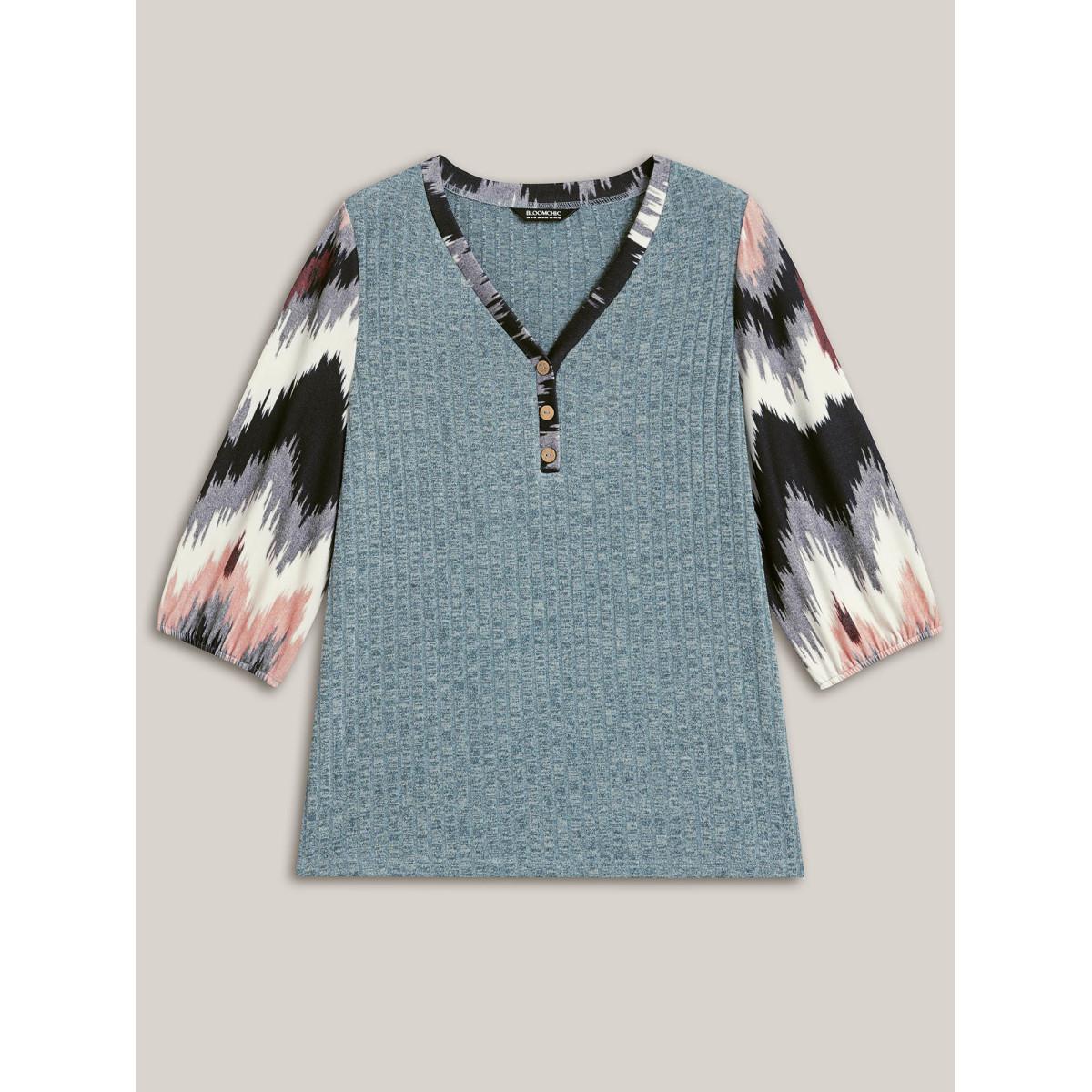 Plus Size Textured Spliced V-Neck T-Shirt Cerulean Women Casual Texture Polo Everyday T-shirts BloomChic 26/4X Product Image