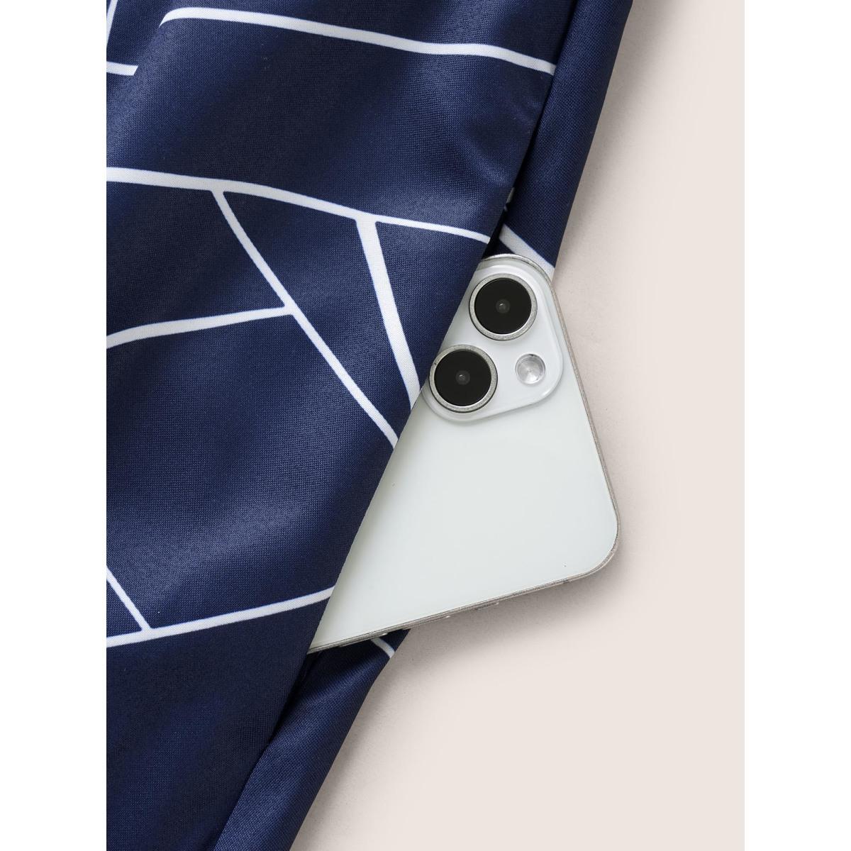 Plus Size Geometric Flat Collar With V Notch Belted Dress Indigo Women At the Office Belted Flat collar with V-notch Short sleeve Curvy Midi Dress BloomChic 18-20/2X Product Image