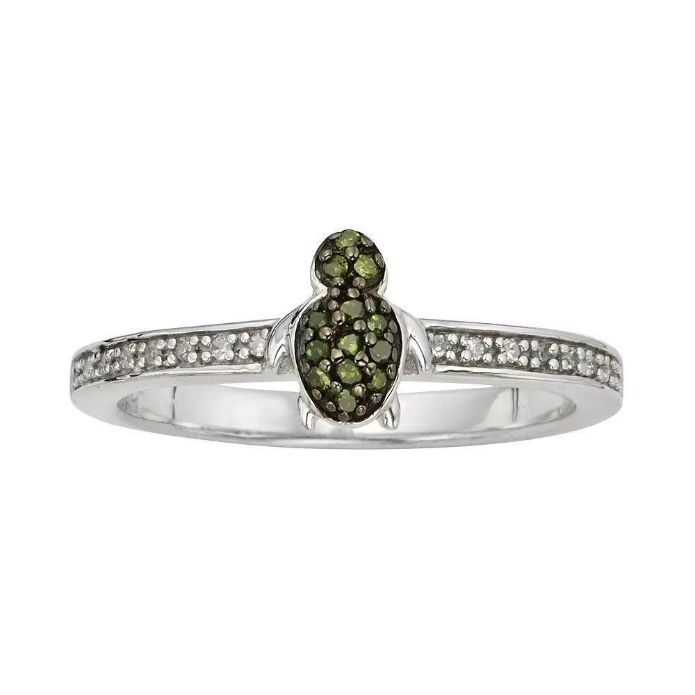 Jewelexcess Sterling Silver 1/7-ct. T.W. Green and White Diamond Turtle Ring, Women's, Size: 6 Product Image