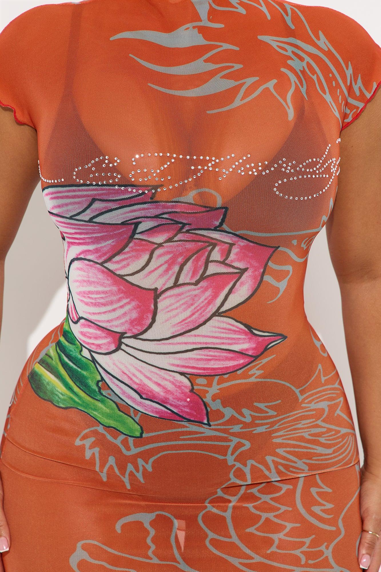 Ed Hardy Lotus Dragon Rhinestone Mesh Cover Up Mini Dress - Red/combo Female Product Image