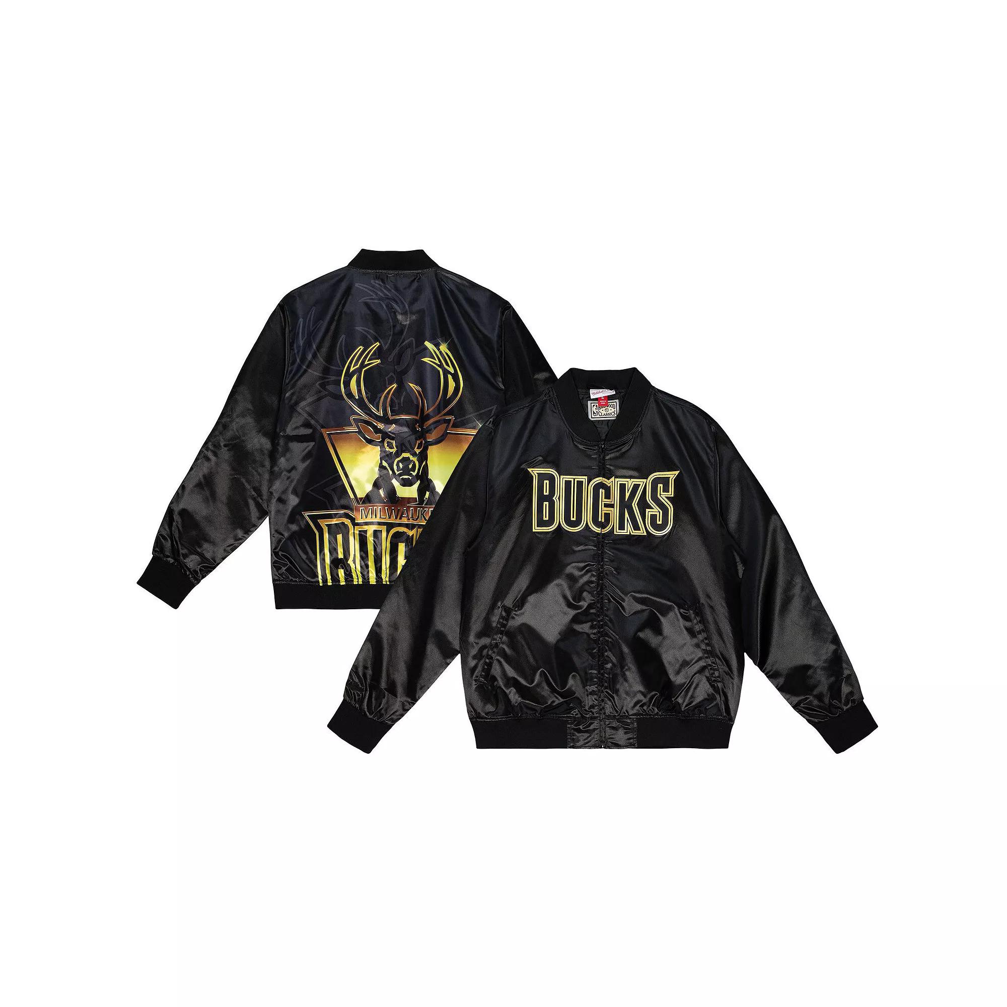 Men's Mitchell & Ness  Black Milwaukee Bucks Hardwood Classics Big Face 4.0 Satin Full-Snap Jacket, Size: XL Product Image
