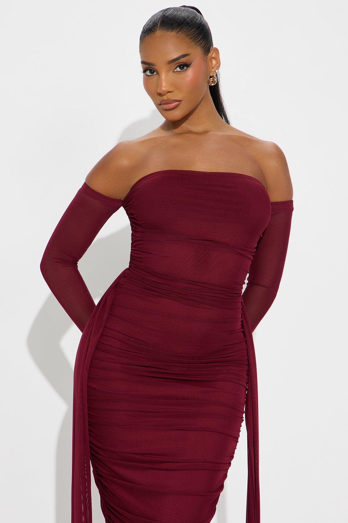 Kourtney Mesh Ruched Maxi Dress - Burgundy Female Product Image