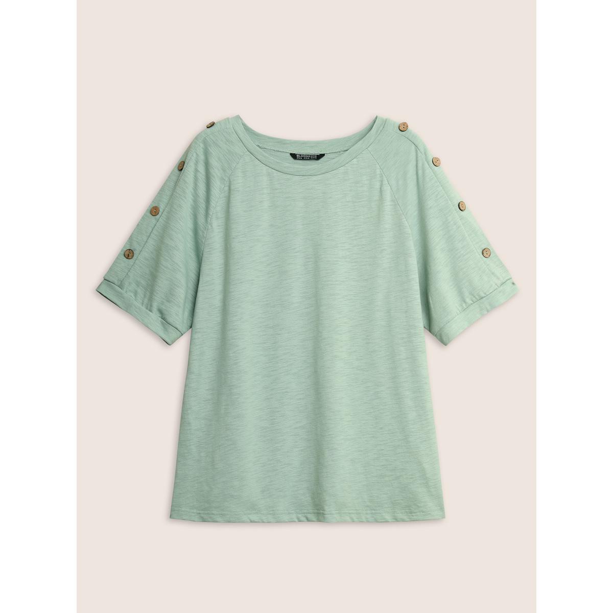 Plus Size Plain Button Detail Raglan Sleeve T-shirt Mint Women Casual Non Plain Non Everyday T-shirts BloomChic 12/L Product Image