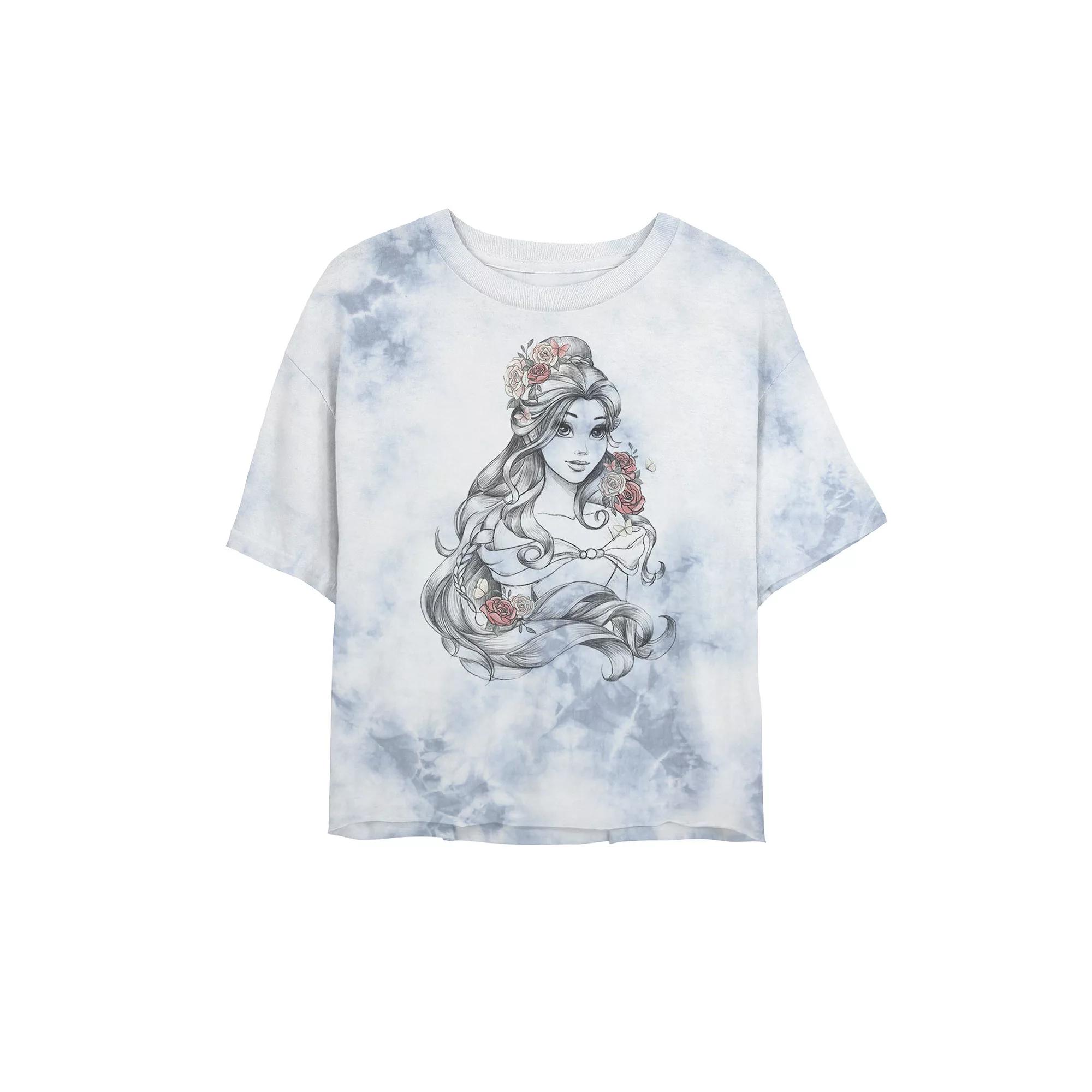 Juniors' Disney Princess Beauty & The Beast Belle Drawing Rose Bombard Wash Crop Graphic Tee, Women's, Size: Small, White Blue Product Image