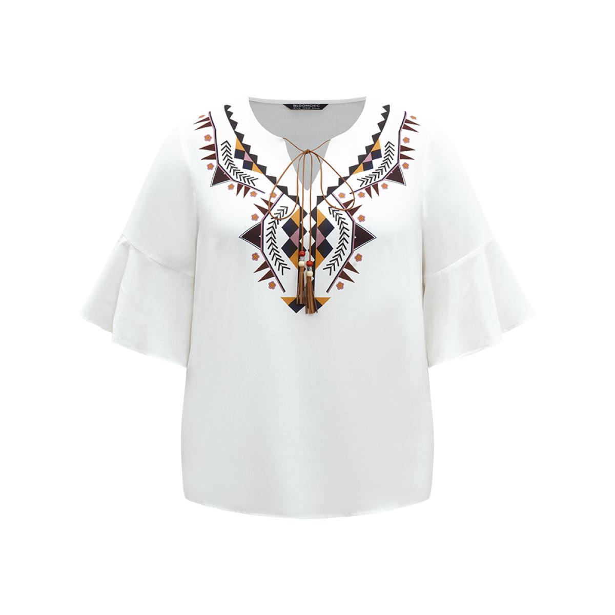 Plus Size White Bandana Patchwork Tassel Trim Flutter Sleeve Blouse Women Vacation Half Sleeve Tie Neck Vacation Blouses BloomChic 14-16/1X Product Image