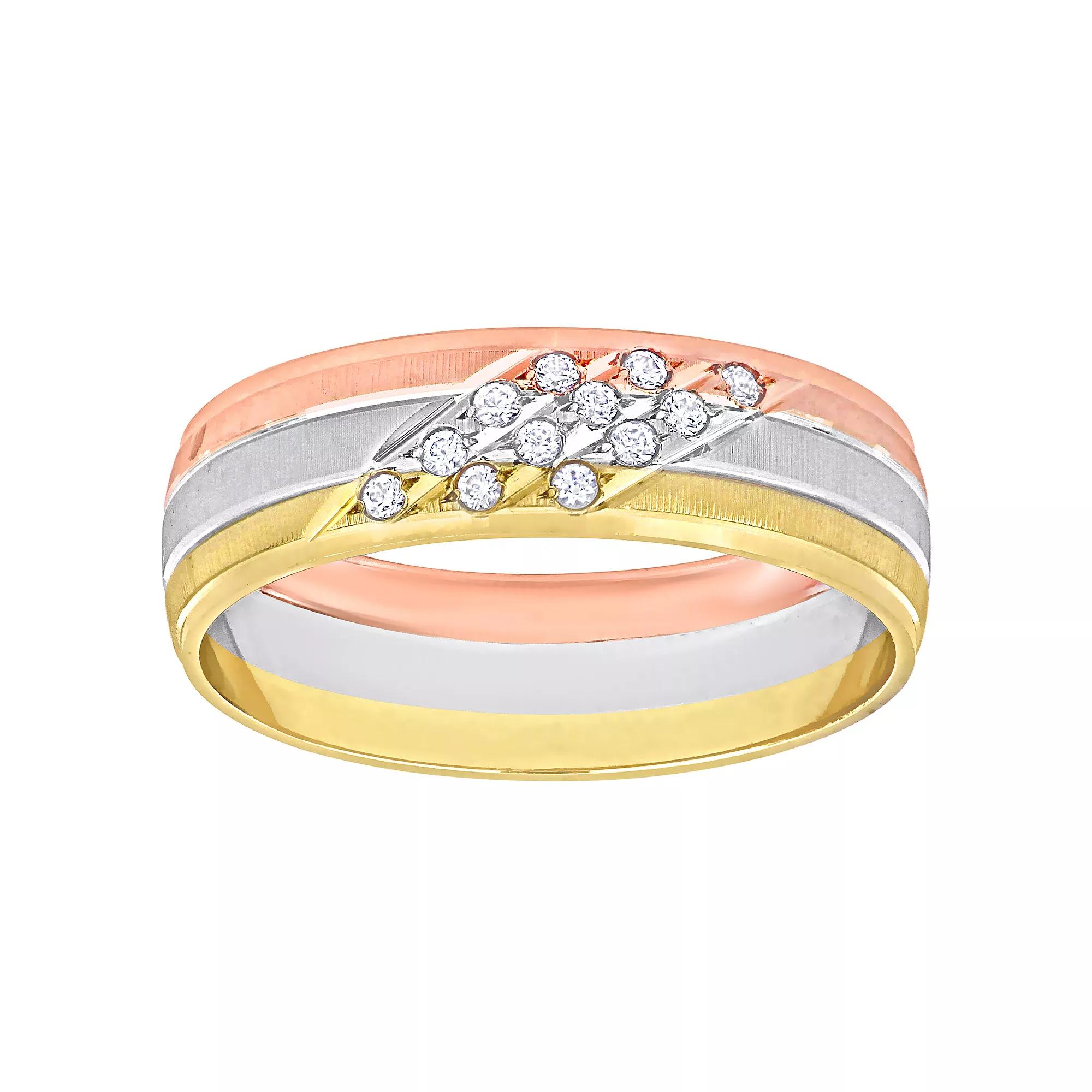 Stella Grace 14k Tri-Tone Gold Mens 6 mm Cubic Zirconia Matte Triple Row Wedding Band, Womens 14k  Tone Product Image