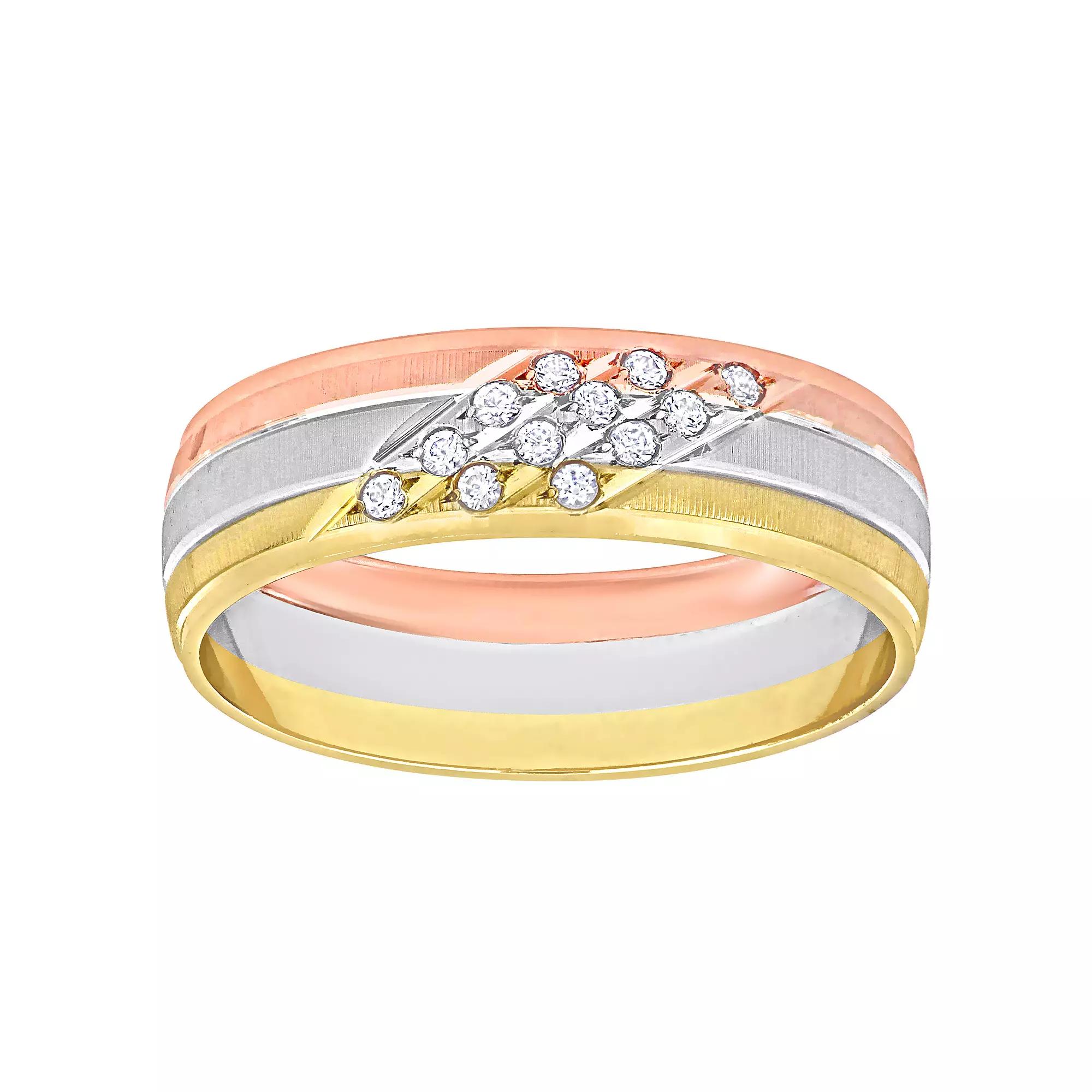 Stella Grace 14k Tri-Tone Gold Mens 6 mm Cubic Zirconia Matte Triple Row Wedding Band, Womens 14k  Tone Product Image