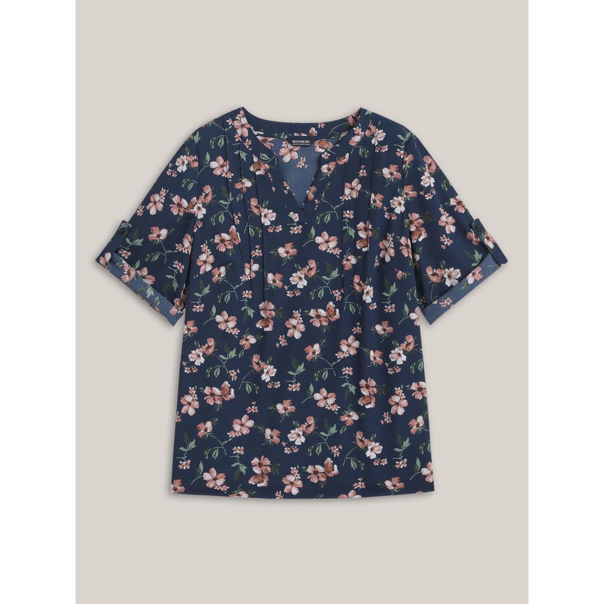 Plus Size Indigo Floral Print Tab Sleeve Pintuck Shirt Women Elegant Elbow-length sleeve Notched collar Everyday Blouses BloomChic 12/L Product Image