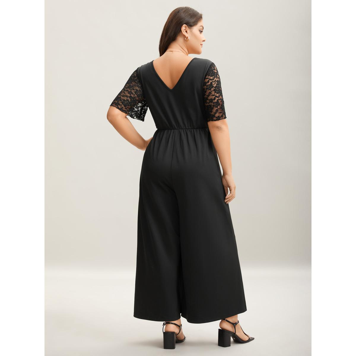 Plus Size Black Front-Tie Sheer Lace Sleeve Jumpsuit Women Elegant Short sleeve Asymmetrical Neck Everyday-Elegant Loose Jumpsuits BloomChic 14-16/1X Product Image