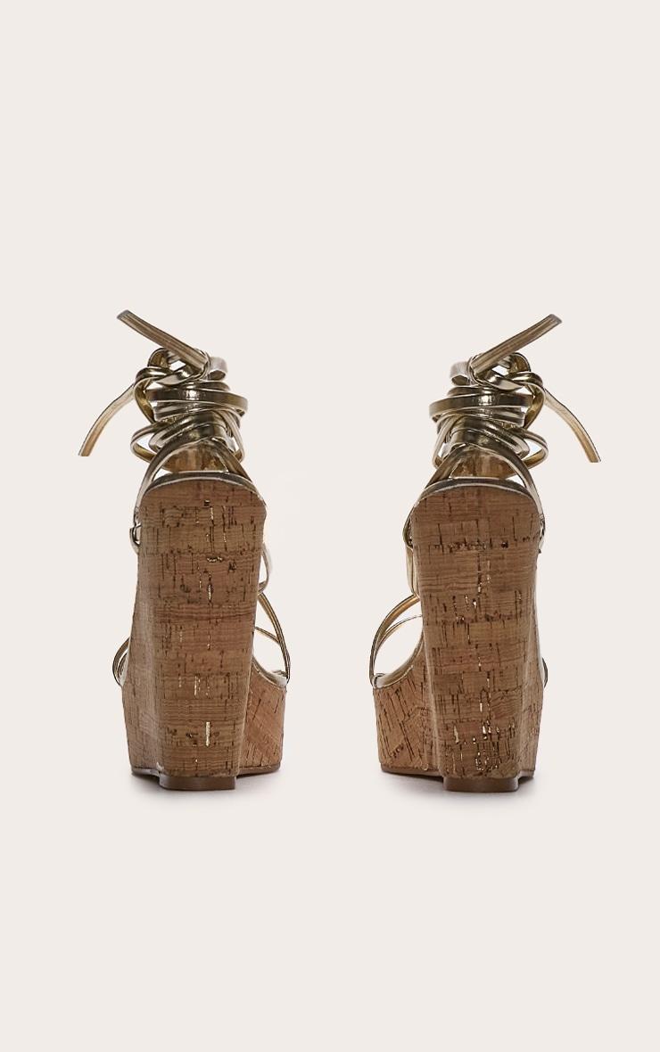 Gold Wide Fit Pu Strappy Lace Up High Heel Cork Wedges Product Image