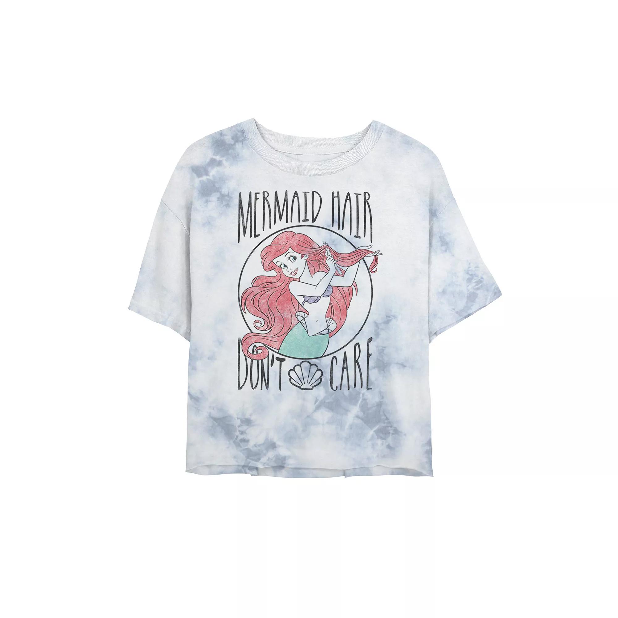 Juniors' Disney Princess The little Mermaid Hair Don't Care Bombard Wash Crop Graphic Tee, Women's, Size: Small, White Blue Product Image