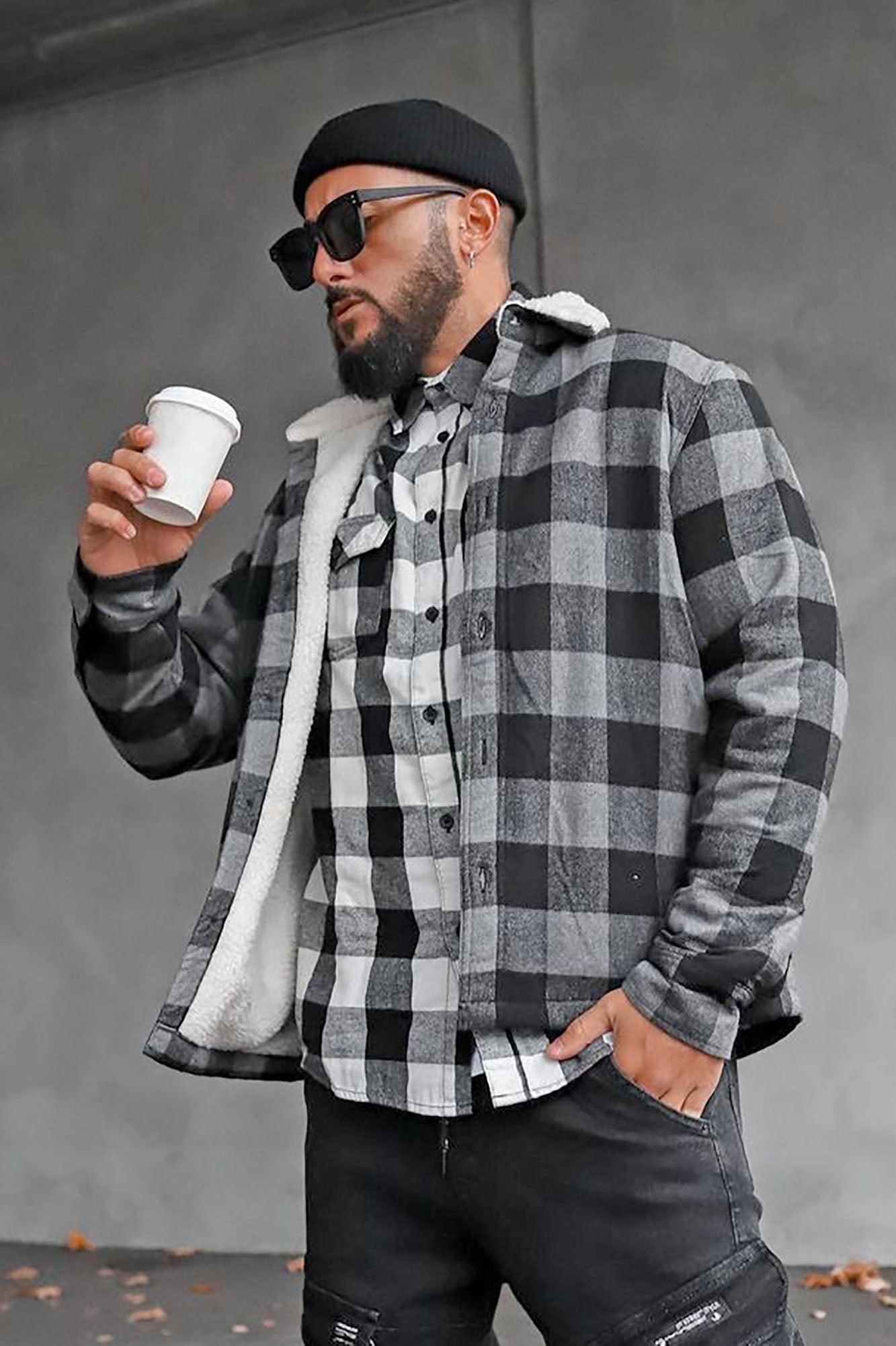 Sherpa Flannel Shacket - Black/Grey Product Image