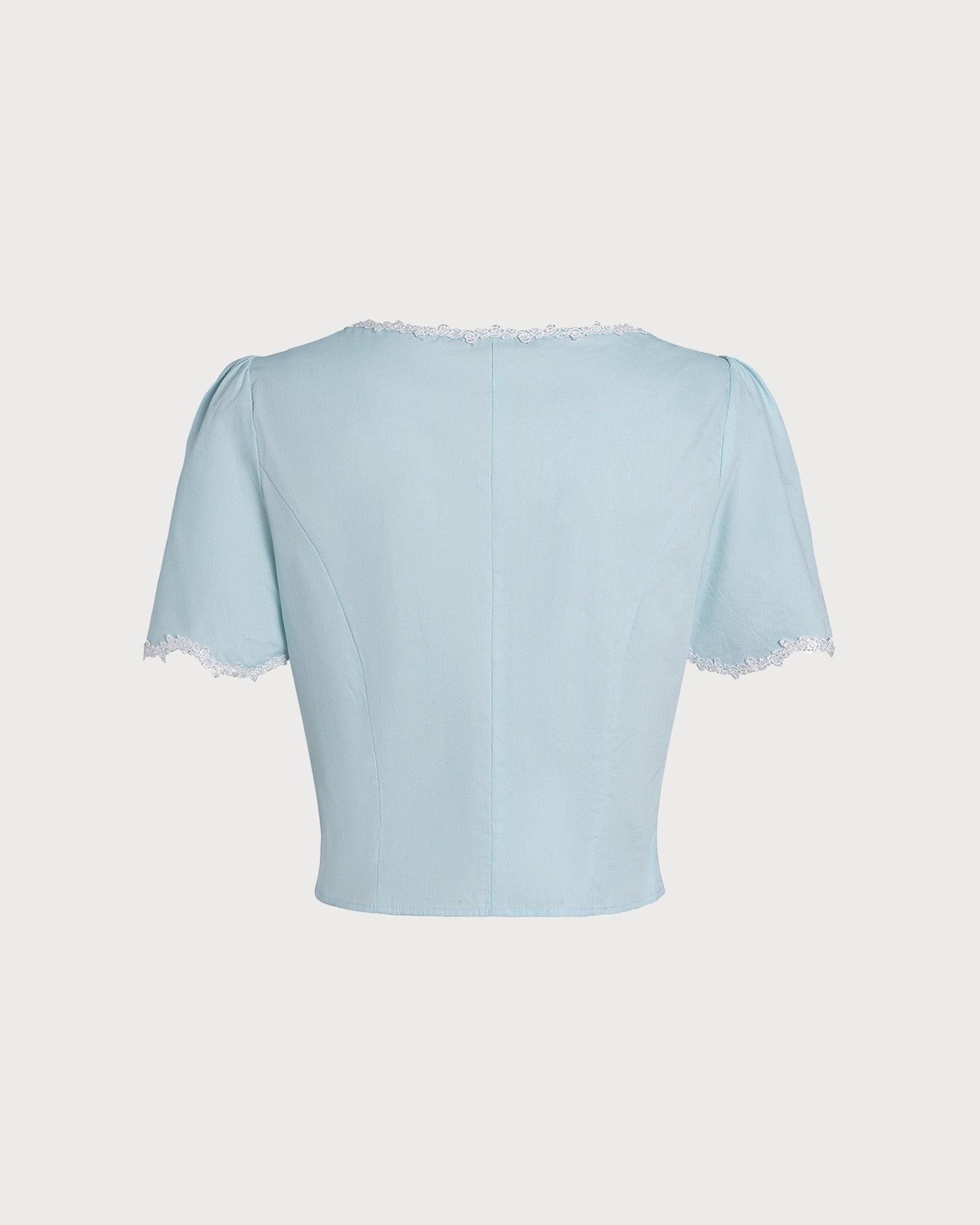 Light Blue Lace Button Square Neck Shirt Product Image