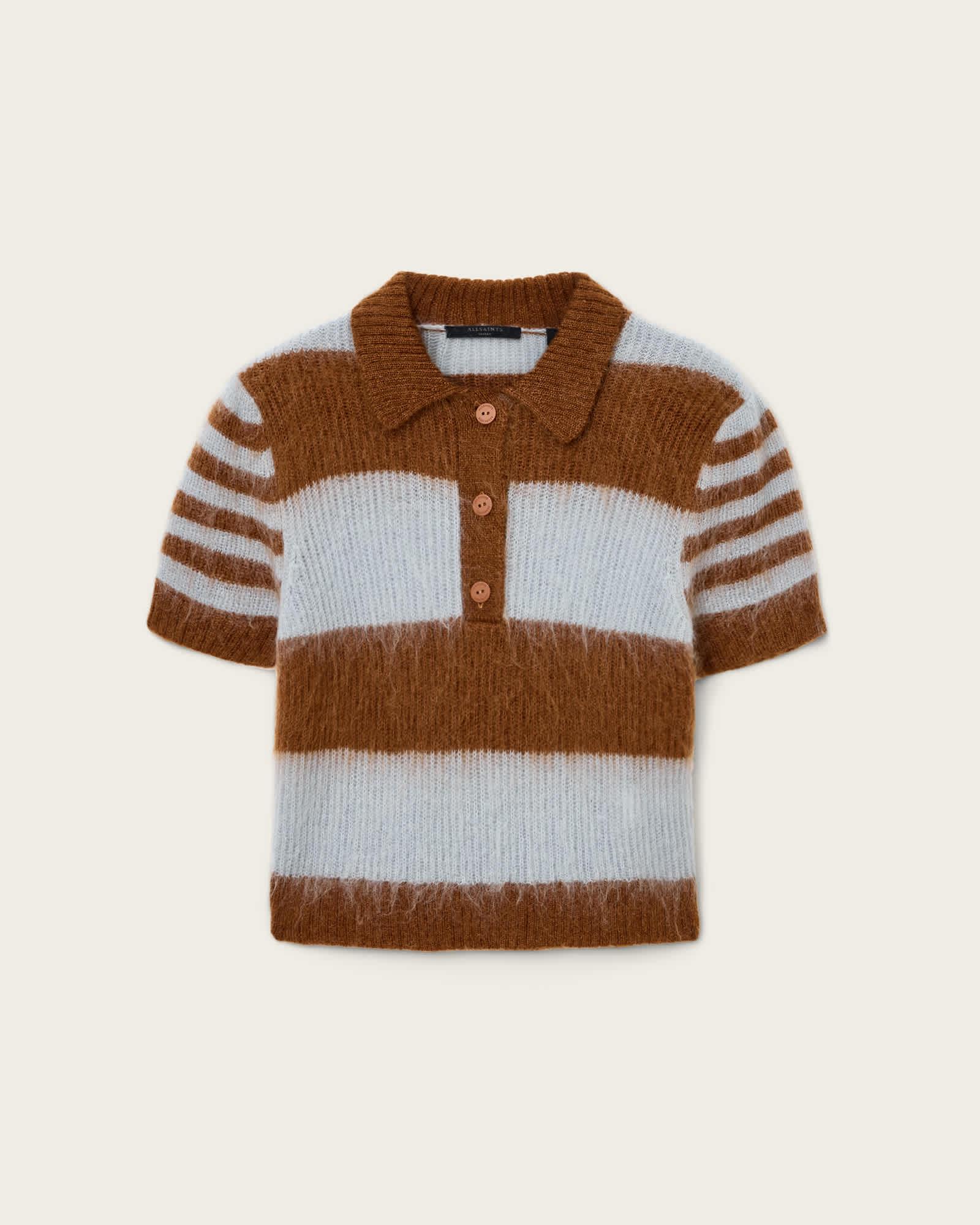 Clem Wool Blend Polo STEEL BLUE/COGNAC | ALLSAINTS US Product Image