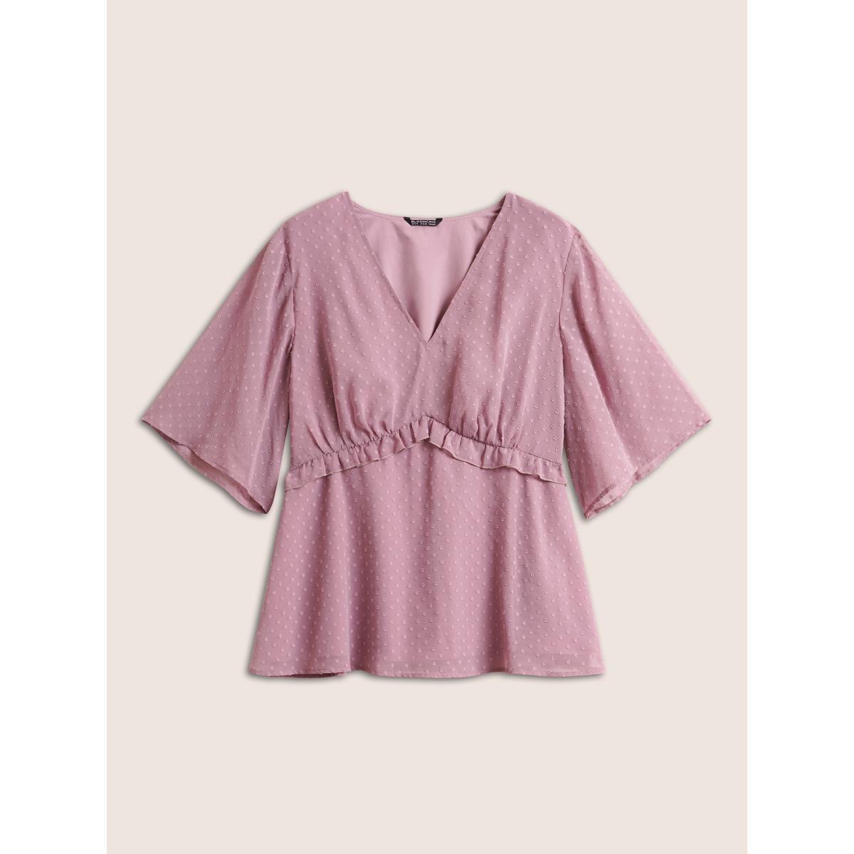Plus Size Mauve Chiffon Mesh Texture Polka Dot Frill Trim Blouse Women Elegant Half Sleeve V-neck Everyday Blouses BloomChic 22-24/3X Product Image