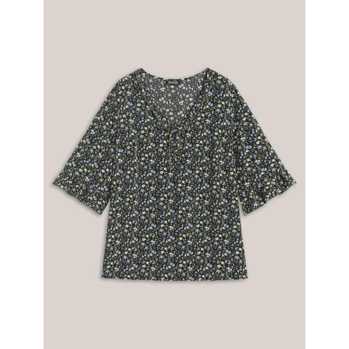 Plus Size Multicolor Ditsy Floral Print Frill Trim Blouse Women Timeless Elbow-length sleeve V-neck Elegant Blouses BloomChic 22-24/3X Product Image