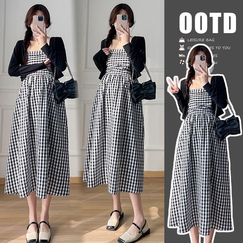 Maternity Strapless Plaid Midi A-Line Dress / Plain Cardigan / Set Product Image