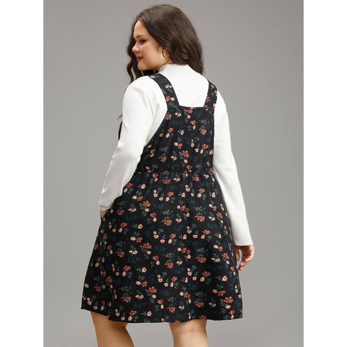 Plus Size Ditsy Floral Corduroy Pocket Zipper Fly Cami Dress Black Women Casual Printed Square Neck Sleeveless Curvy Knee Dress BloomChic 18-20/2X Product Image