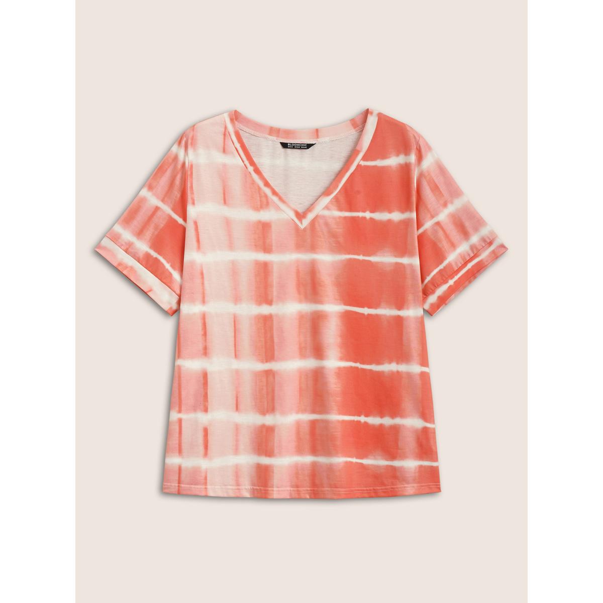 Plus Size V Neck Tie Dye Striped T-shirt Salmon Women Casual Contrast V-neck Everyday T-shirts BloomChic 30/6X Product Image