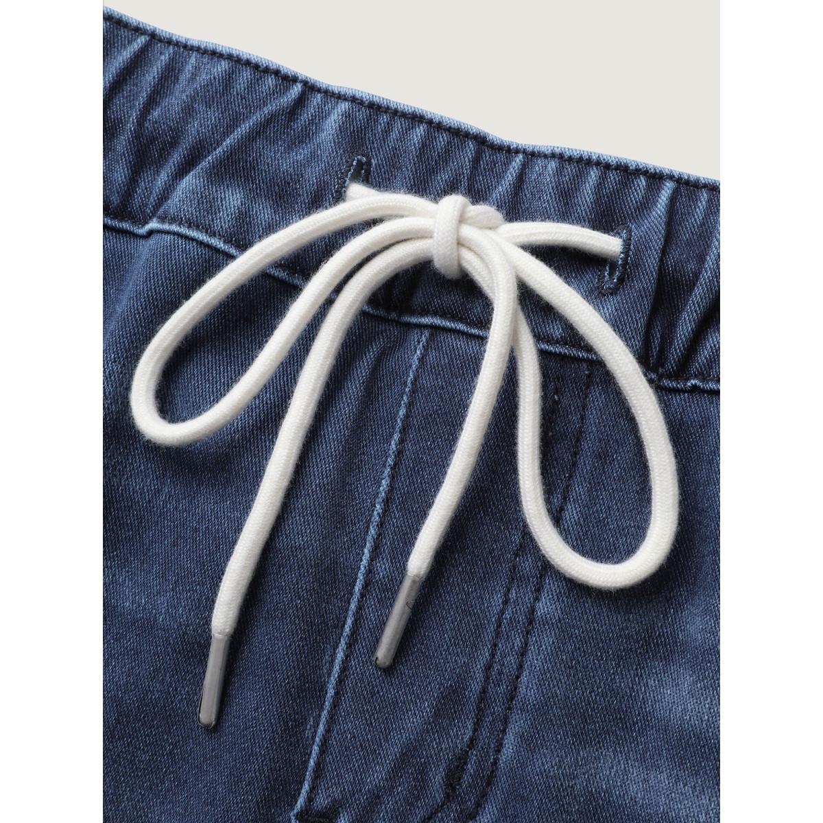 Plus Size Pull-On Drawstring Waist Denim Shorts Women Denimindigo Slanted pocket Leisure Denim Shorts BloomChic 24/3X Product Image