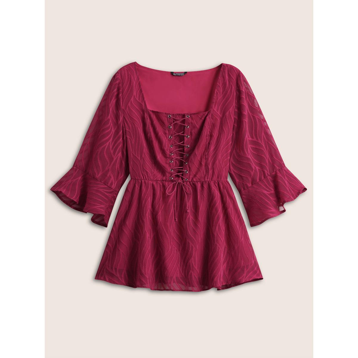Plus Size Scarlet Chiffon Square Neck Lace Up Ruffles Blouse Women Elegant Elbow-length sleeve Square Neck Everyday Blouses BloomChic 12/L Product Image
