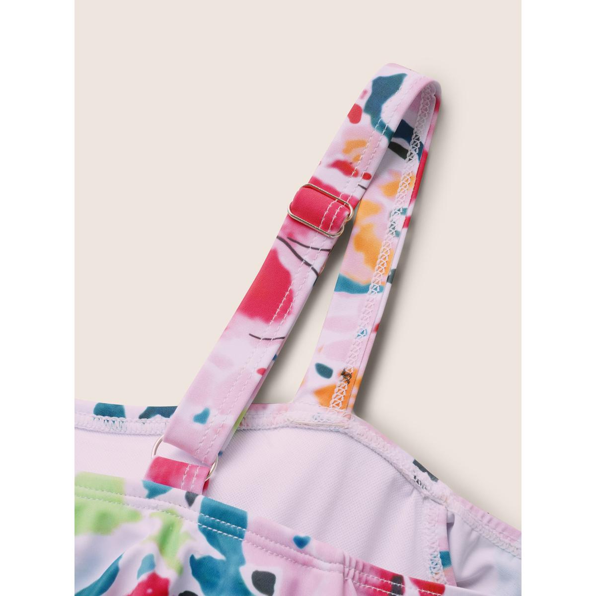 Plus Size Tropical Adjustable Straps Cold Shoulder Ruffles Trim Swim Dress Women's Swimwear Peach Beach Bodycon One-shoulder neck High stretch Curve Swim Dresses BloomChic 30/6X Product Image