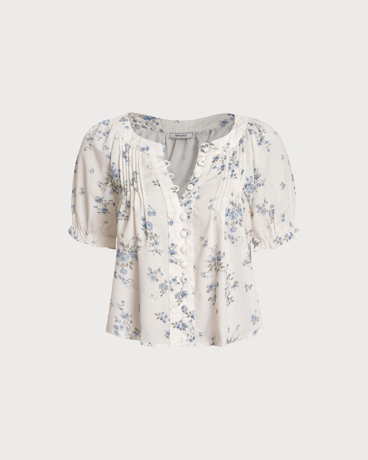 Blue Floral V Neck Button Blouse Product Image