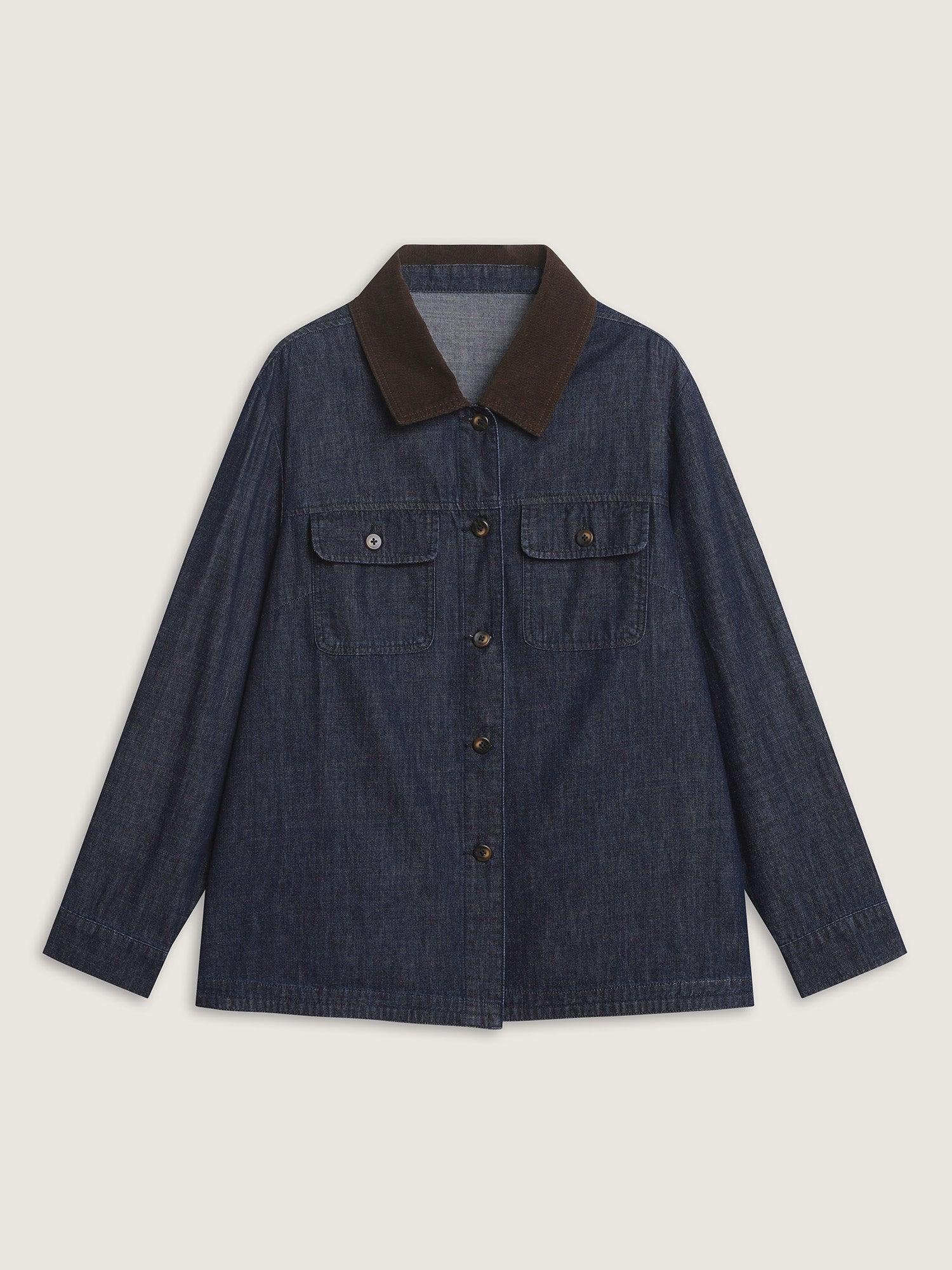Cotton Contrast Collar Button-Down Denim Top Female Product Image