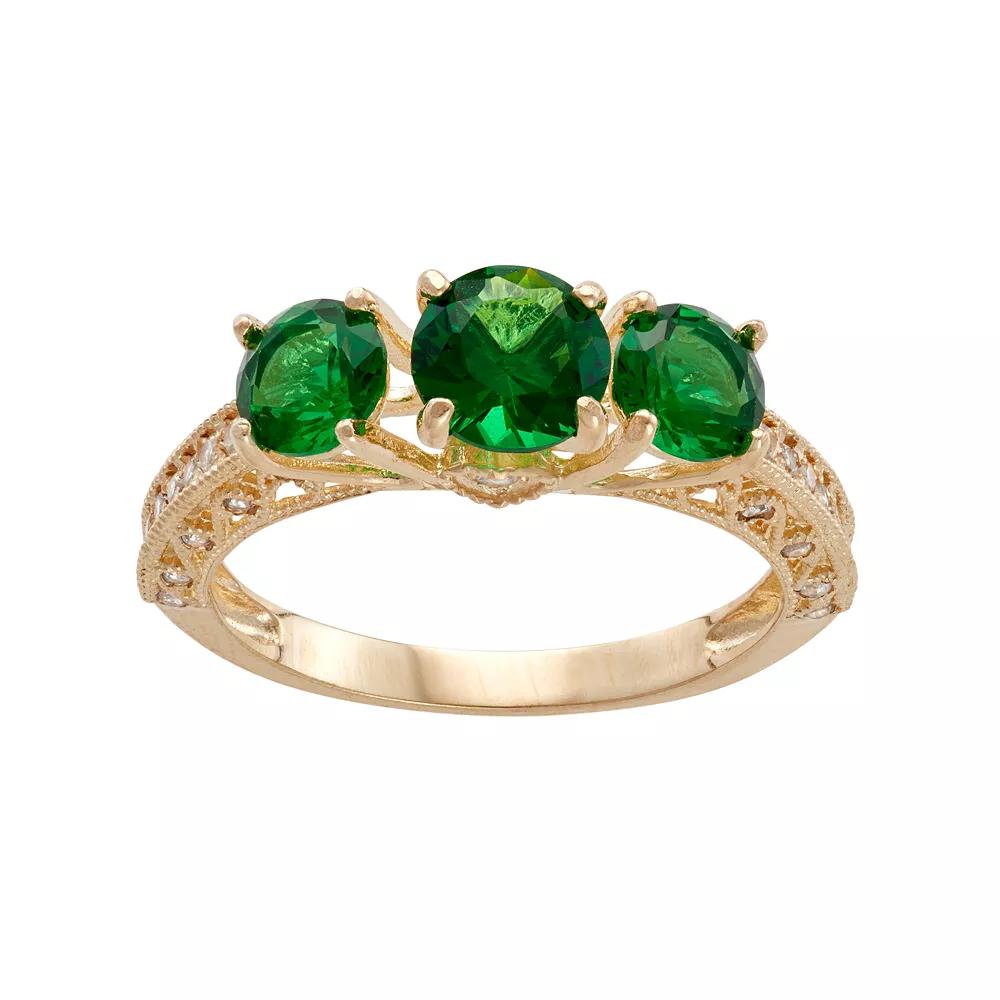 Designs by Gioelli 10k Gold Simulated Emerald & Lab-Created White Sapphire 3-Stone Ring, Women's, Size: 8 Product Image