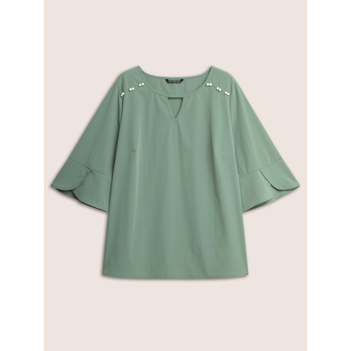 Plus Size Mint Stretchy Woven Keyhole Pearl Beaded Ruffle Sleeve Blouse Women At the Office Elbow-length sleeve Round Neck Work Blouses BloomChic 22-24/3X Product Image