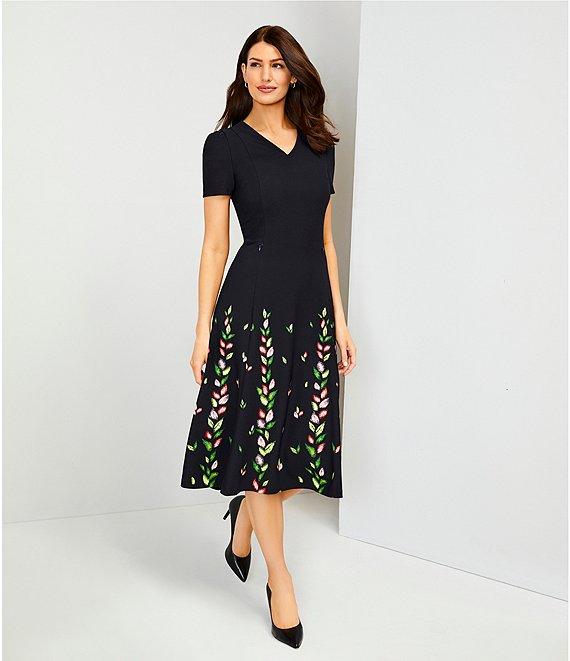 Investments Scuba Crepe Vines Short Sleeve Fit and Flare V-Neck Midi Dress Product Image
