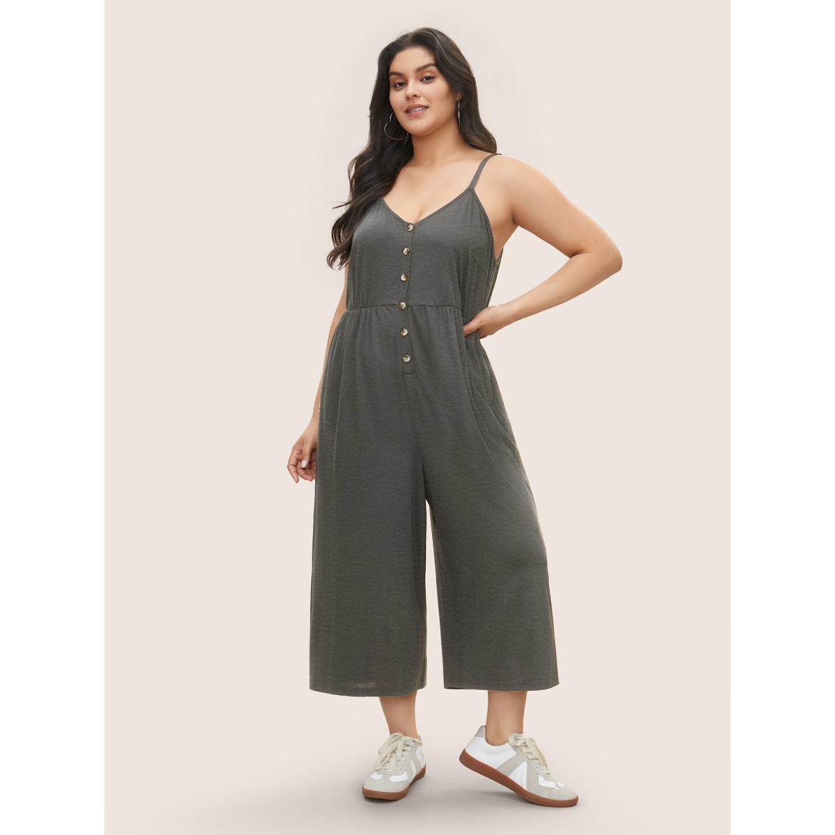 Plus Size DarkGray Solid Button Detail Gathered Jumpsuit Women Casual Sleeveless Non Everyday Loose Jumpsuits BloomChic 28/5X Product Image