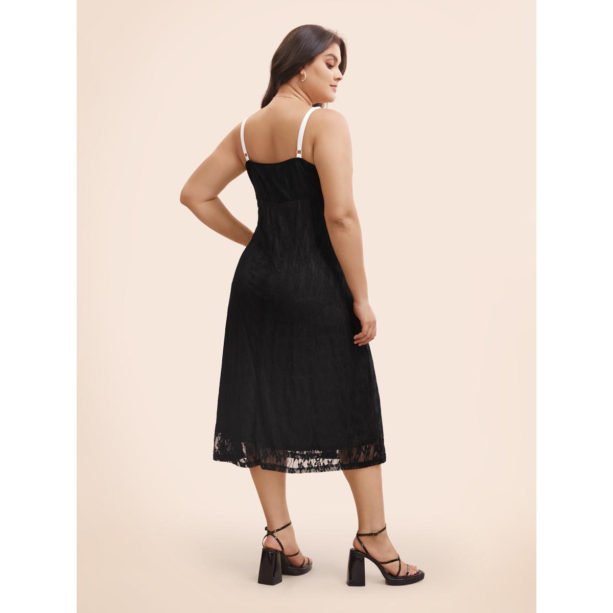 Plus Size Contrast Tie Knot Lace Panel Cami Dress Black Women Elegant Woven ribbon&lace trim Square Neck Sleeveless Curvy BloomChic 14-16/1X Product Image