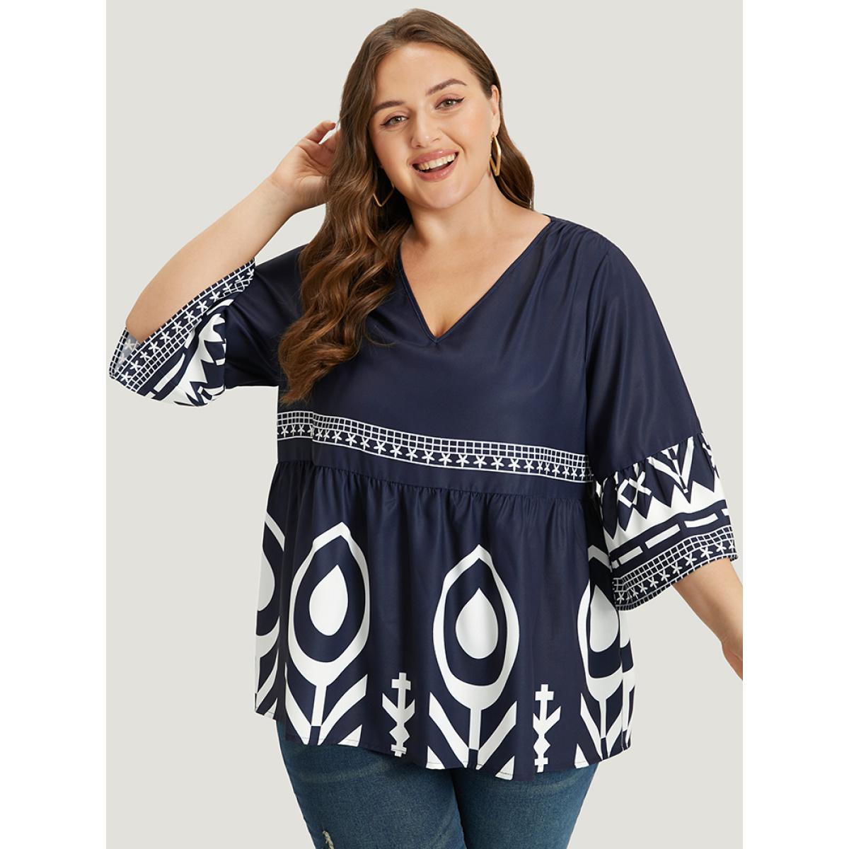 Plus Size Midnight Silhouette Floral Print Bell Sleeve Ruffle Hem Blouse Women Vacation Elbow-length sleeve V-neck Dailywear Blouses BloomChic 10/M Product Image