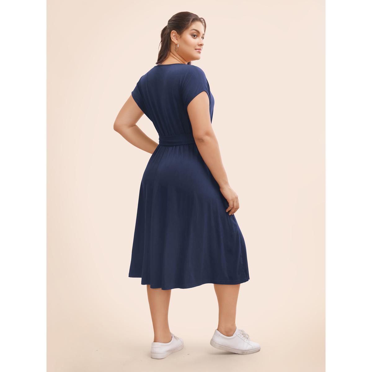 Plus Size Plain Contrast Lace Belted Pocket Batwing Sleeve Dress DarkBlue Women Resort Non V-neck Cap Sleeve Curvy Midi Dress BloomChic 26/4X Product Image