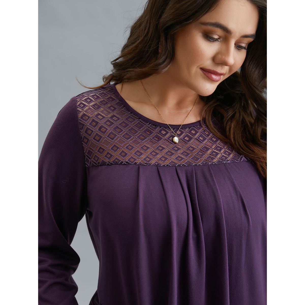 Plus Size Crew Neck Lace Detail Pleated T-Shirt Eggplant Women Elegant See through Round Neck Everyday T-shirts BloomChic 14-16/1X Product Image