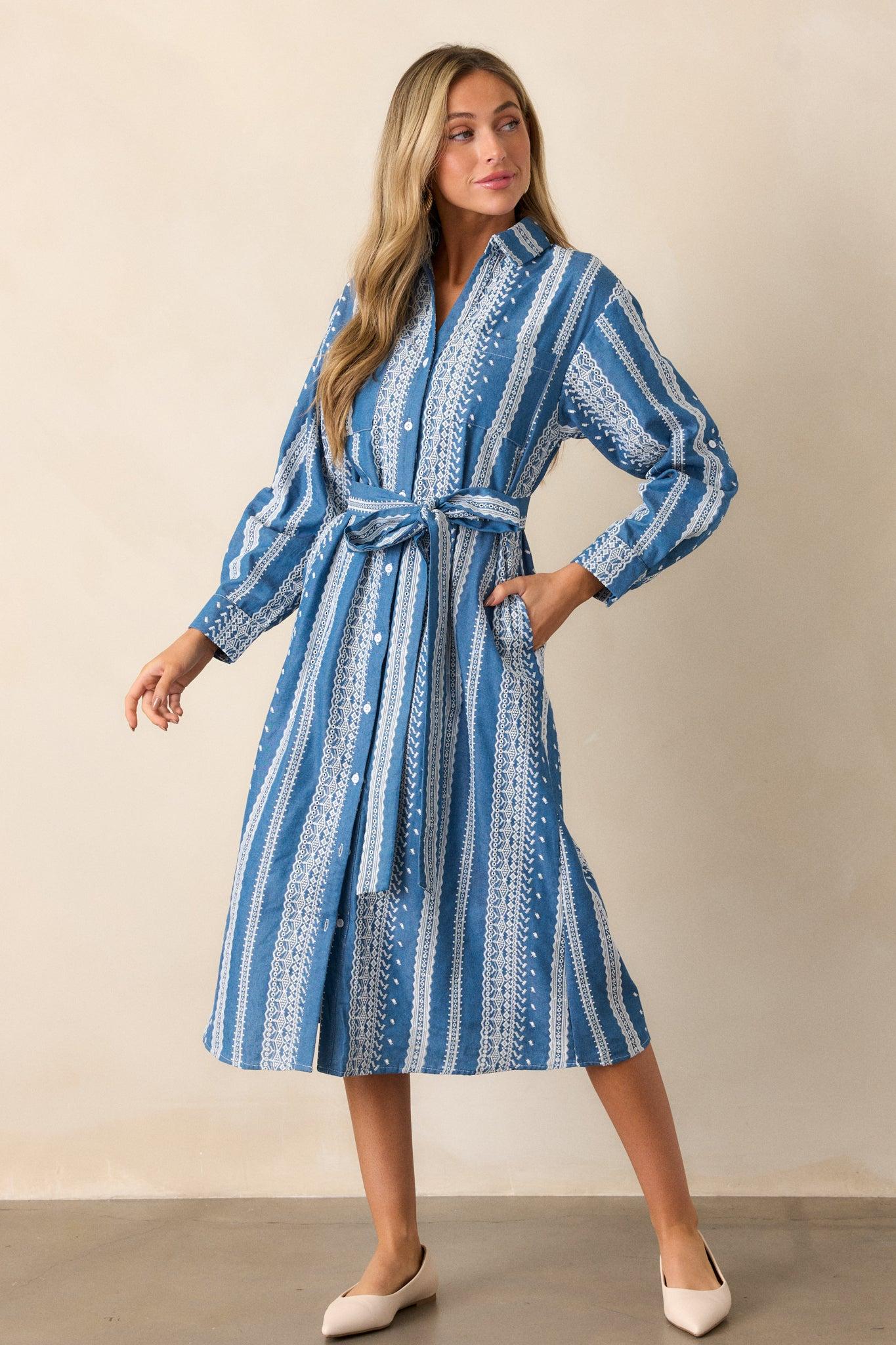 Songs of the Sky Blue Embroidered Midi Shirt Dress Product Image