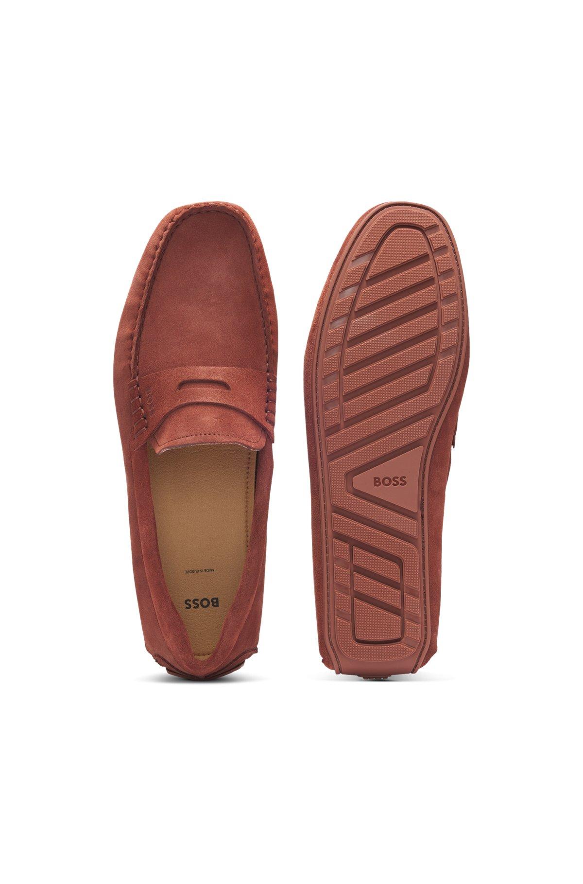 BOSS - Portuguese-crafted moccasin loafers in suede with penny trim - Brown Product Image