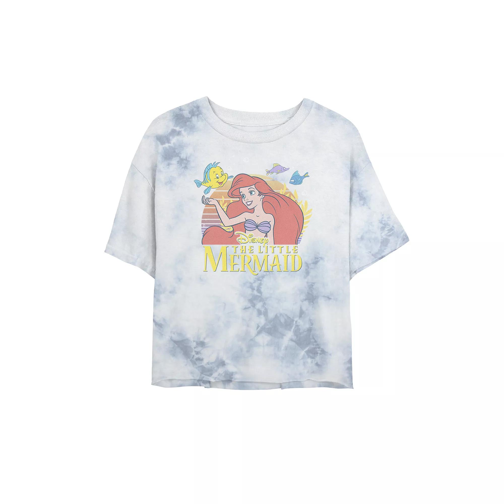 Juniors' Disney Princess Little Mermaid Ariel Flounder Logo Bombard Wash Crop Graphic Tee, Women's, Size: XL, White Blue Product Image