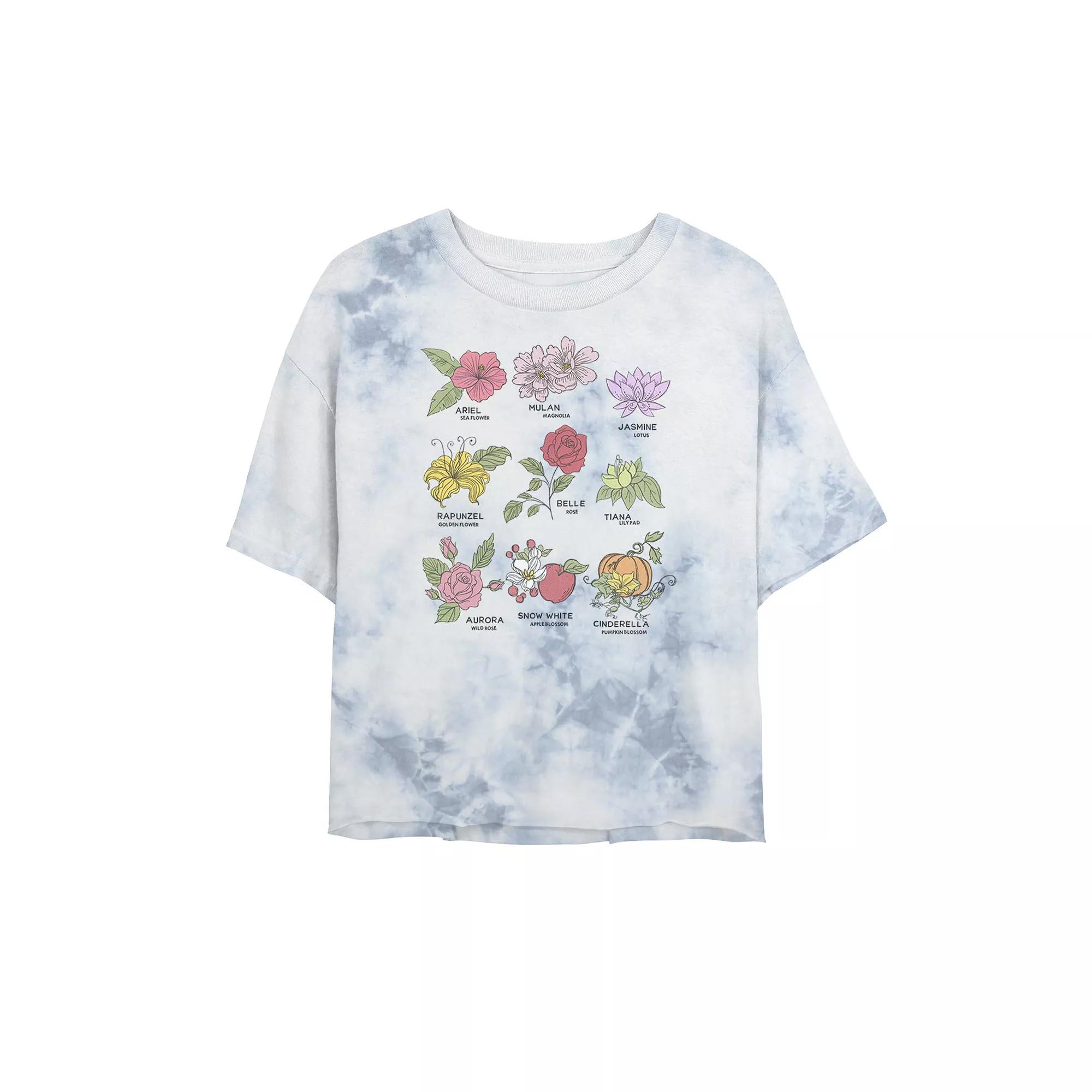 Disney Princesses Juniors' Types Of Flowers Bombard Wash Crop Graphic Tee, Women's, Size: Small, White Blue Product Image