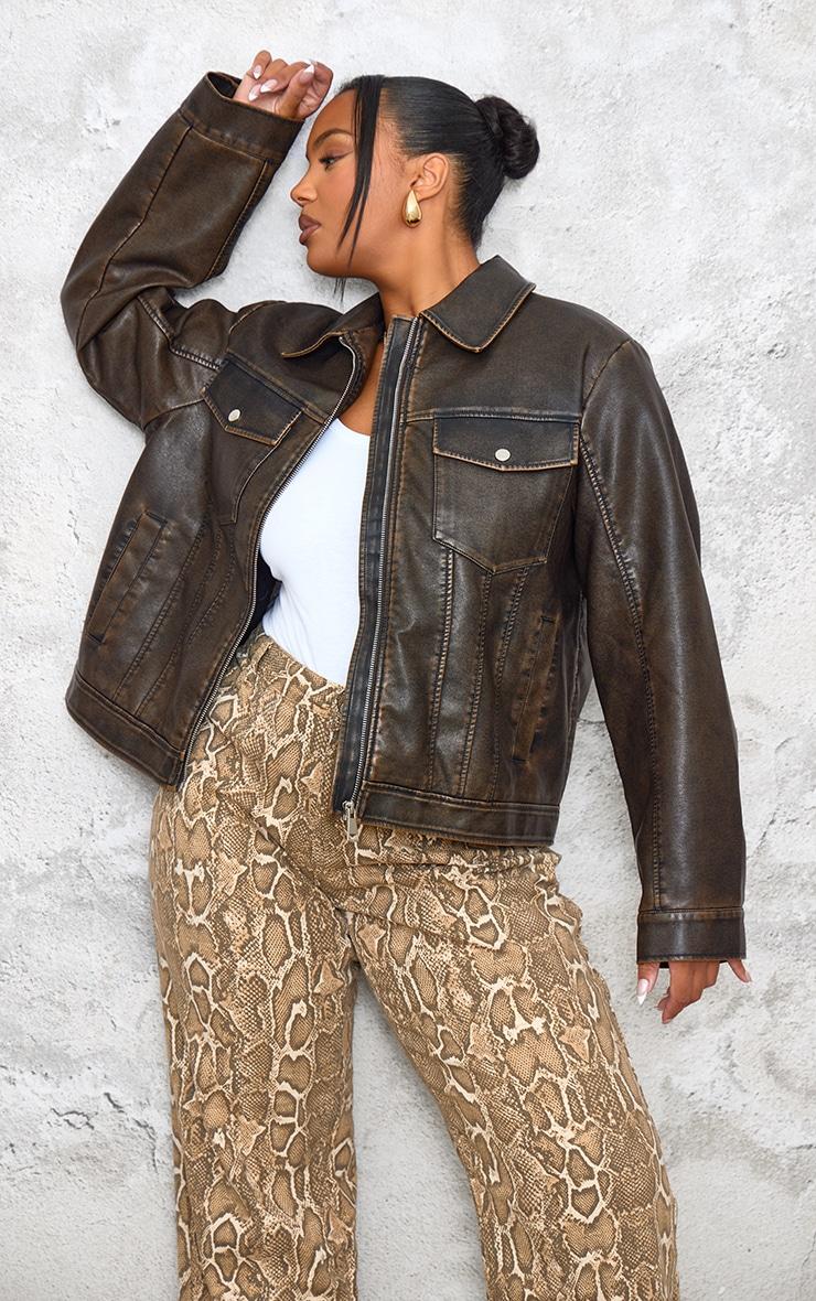 Plus Brown Washed Faux Leather Pocket Detail Bomber Jacket Product Image